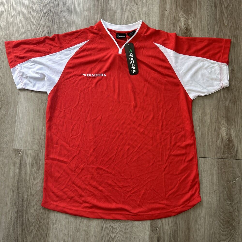 Diadora Soccer Shirt Mens Large Tech Jersey Red White Blank Mesh Vintage Y2K NEW